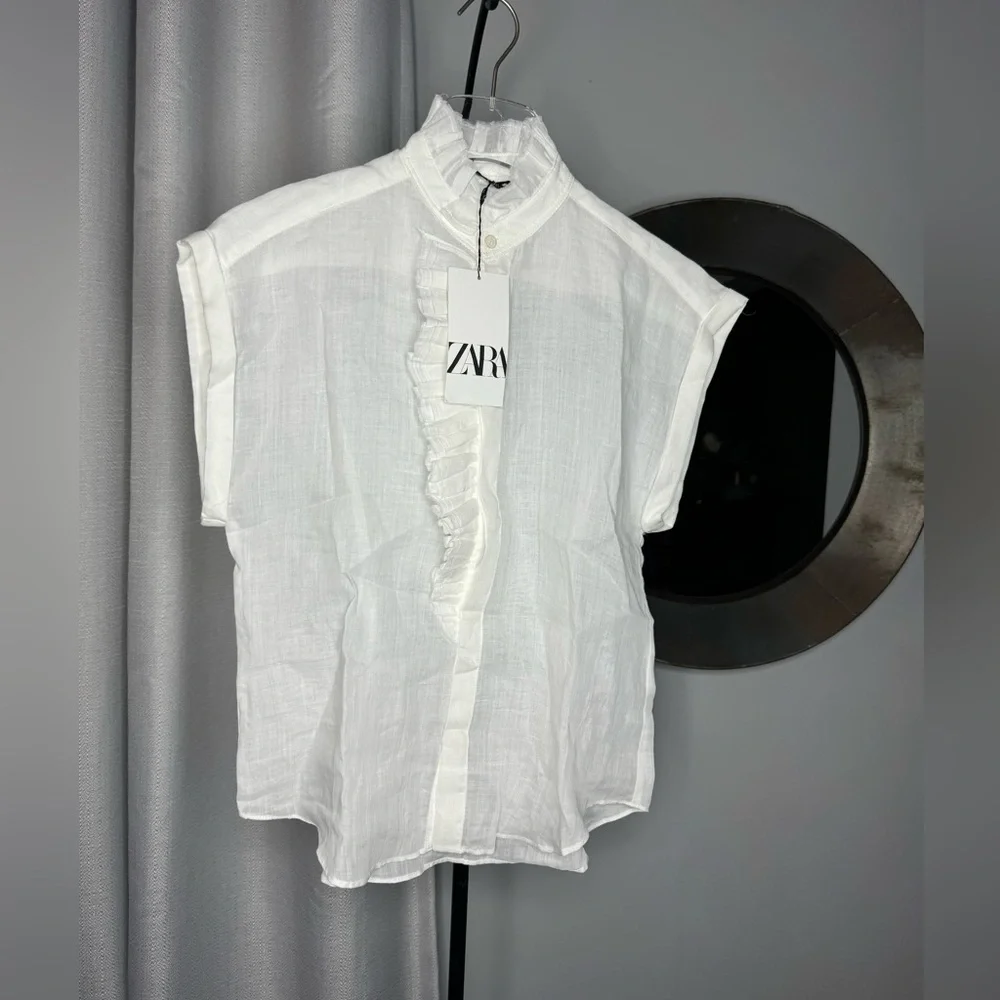 NWT Zara Woman RUFFLED 100% RAMIE SHIRT ZW COLLECTION White Size S Small - Picture 9 of 12